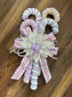 Chenille Candy Canes with Bow & Poinsettia